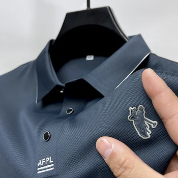 Prabangos Prekės Siuvinėjimo polo marškinėliai trumpomis Rankovėmis vyriški Drabužiai 2023 Vasarą Ledas Slidus Kvėpuojantis Elastinga marškinėliai Atsitiktinis