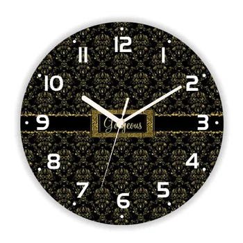 Prabangūs Juodos ir Aukso Damask Geometrinis Modelis Sieninis Laikrodis Kambarį Modernus Gėlių Spalvingas Miegamojo, Virtuvės Sienos Žiūrėti Dekoras