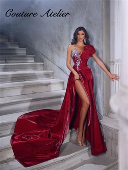 Raudona Ritininės Shinnning Vieną Petį, Prabangios Vakarinės Suknelės, Vestuvių 2023 Skiedra Zawalcowany Aplikacijos Undinė Prom Dresses Elegantiška Suknelė
