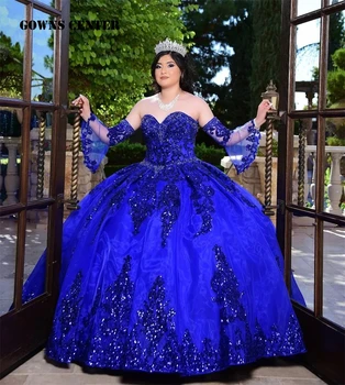 Royal Blue China Appliques Princesė Ruffels Quinceanera Suknelės Su Puse, Rankovės Saldus 16 Suknelė Vestido De Xv Años Prom 15