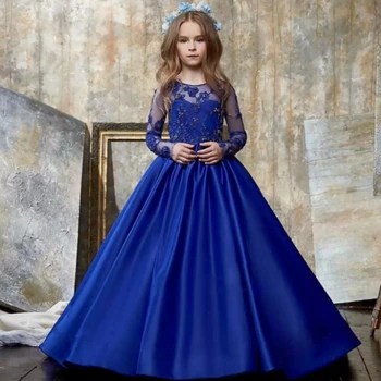Royal Blue Gėlių Mergaičių Suknelės Skaidrus Ilgomis Rankovėmis Už Vestuves Chalatai Minkštas Tiulis Kristalai Lankas V Atgal Pasakų Suknelė