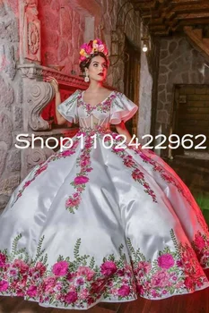 Ruffles Princesė Quinceanera Suknelės 3D Gėlių Siuvinėjimas Charro Iškaulinėjimas Nėriniai-up Coret Vestido para aniversário de anos 15