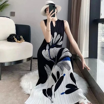 Sanzhai Plisuotos Rašalo Spausdinimo Bako Viršuje Suknelė Moterų Vasaros Suknelė 2023 Naujas Plonas Ir Elegantiškas Suknelė