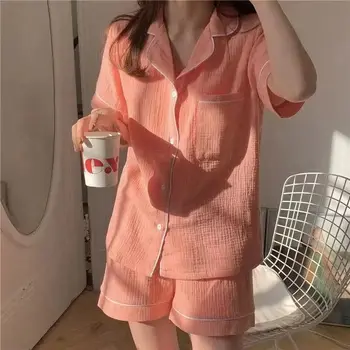 Sleepwear Moterų Pižama Šortai Nustatyti Korėjos Trumpas Rankovės Pijama Kietas Atsitiktinis Vasaros Namų Drabužiai Tiktų Loungewear Naktį Dėvėti Aprangą