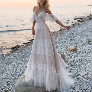 V-Kaklo nuo Pečių Vestuvių Suknelė Moterims Sexy Nėrinių Spageti Dirželis Backless Paplūdimio Nuotaka 2023