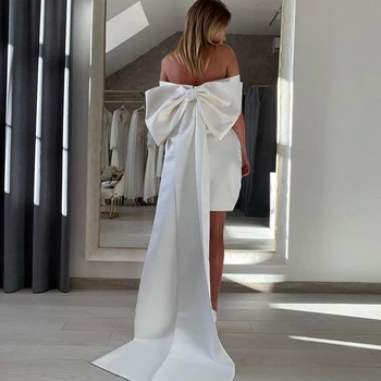 V Kaklo, Rankovių Trumpą Mini Vestuvių Suknelė Satino Paprasta Nuotakos Suknelė Su Lankas, Kaspinas
