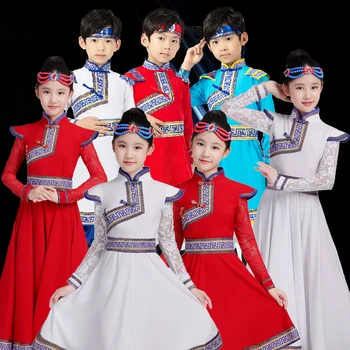 Vaikai Mongolų Šokių Suknelė Kinų Tradicinės Liaudies Praktikos Sijonas Mergina Nacionalinės Stiliaus Senovės Tibeto Etninės DanceWear