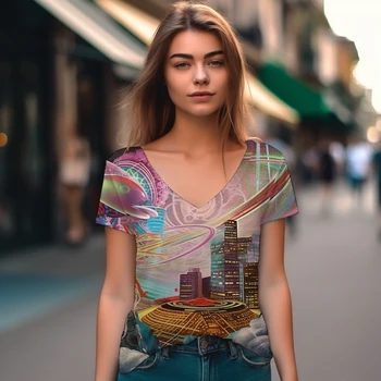 Vasarą naujų ponios V -kaklo T -shirt Miestas 3D Spausdinimo Miss V -kaklo marškinėliai Atsitiktinis Mados Tendencijas Aukštos kokybės V -kaklo marškinėliai