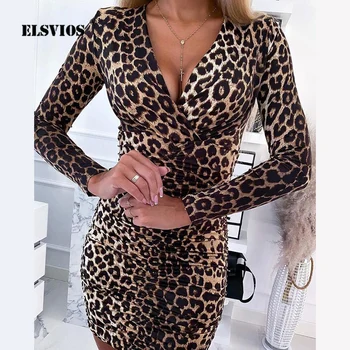 Vestidos Panele Seksuali V-Kaklo, Ilgomis Rankovėmis Mini Suknelė Elegantiškas, Leopardas Spausdinimui Raukšlės Trumpą Suknelę Rudenį Moterys Slim Bodycon Šalis Suknelės