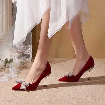 Vestuvių Žiemos Batai Moterims 2023 Nauji Raudoni Aukštakulniai Smailianosiai Kojų Mados Suknelė Bateliai, Patogus, Vieno Batai 6cm Zapatos De Mujer