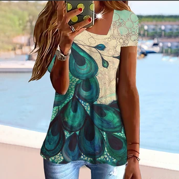 Visiškai Nauji moteriški Marškinėliai 3D Povo Plunksna Spausdinti trumpomis Rankovėmis Viršūnes Tee Derliaus Streetwear Vasaros Plius Dydis Moteris, Drabužių 2023
