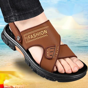 Vyriški sandalai 2023 naujas vasaros minkštos odos minkštas padas neslidus paplūdimio bateliai