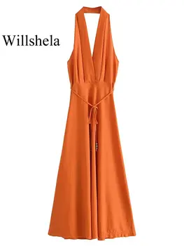 Willshela Moterų Mados Oranžinės Spalvos Nėrinių Backless Pusėje Užtrauktukas Midi Suknelė Vintage Apynasrio Kaklo Prašmatnus Mergina Suknelės