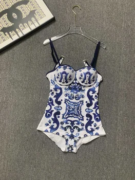 XJBAXXY 2023 Naujas Mados vientisas maudymosi kostiumėlis Moterų Sexy Busty Push up Mėlynos ir Baltos spalvos Porceliano Spausdinti Karštas Pavasaris, Maudymosi Kostiumą