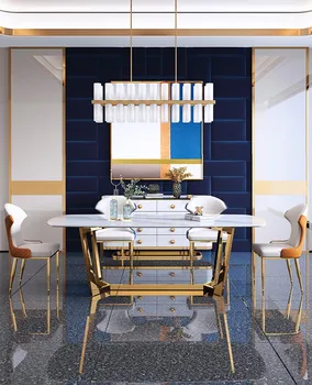 Šviesos prabangus valgomasis stalas ir kėdės derinys Šiaurės šalių namų postmodernaus minimalistinio high-end stačiakampio formos, valgomojo stalas