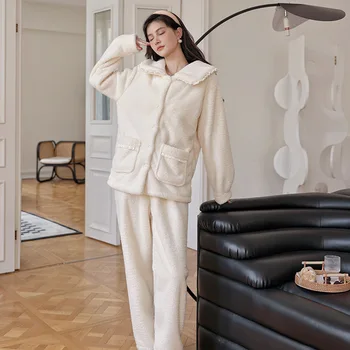 Žiemos Koralų Vilnos Moterų Sleepwear Long Sleeve Top Kelnių Miego Kombinezonas Dviejų Dalių Flanelė Pižama Nustatyti Atsitiktinis Pižamos Namų Aprengti