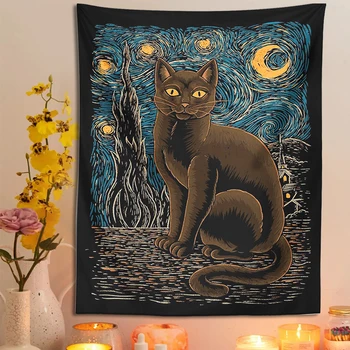 Žvaigždėtą Naktį katė Gobelenas Sienos Kabo retro katė Gobelenai Van Gogh Paslaptingas Būrimą Raganavimas 