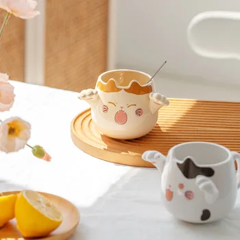 Animacinių filmų cute kačių puodelis su šaukšteliu kūrybos katės letena keramikinis puodelis kava, pienas, arbata, avižiniai dribsniai didelis gyvūnų taurės кружка с котом фарфор