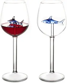 Vyno Taure su Ryklių Viduje, 2 VNT Mėlyna Unikalus Vyno Taure Ryklių Meilužis Vestuvių Dovanos